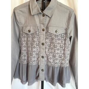 Lace Cropped Denim Jacket – Blue Gray Peplum Boho Cottagecore L
